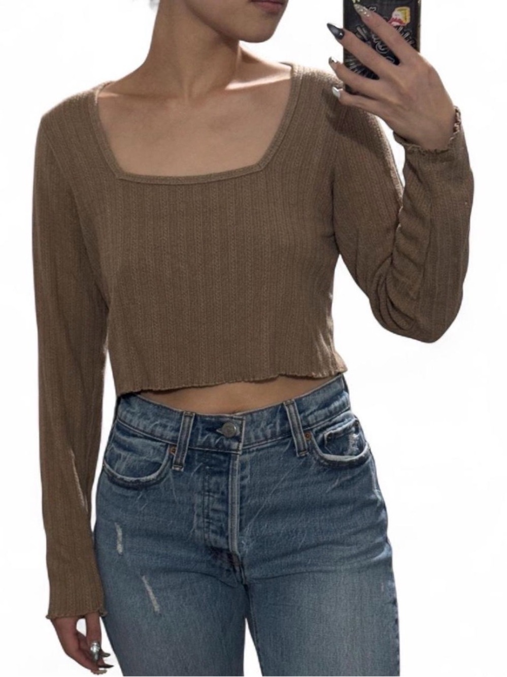 Gilly Hicks Brown Cropped Square Neck Long Sleeve Size S